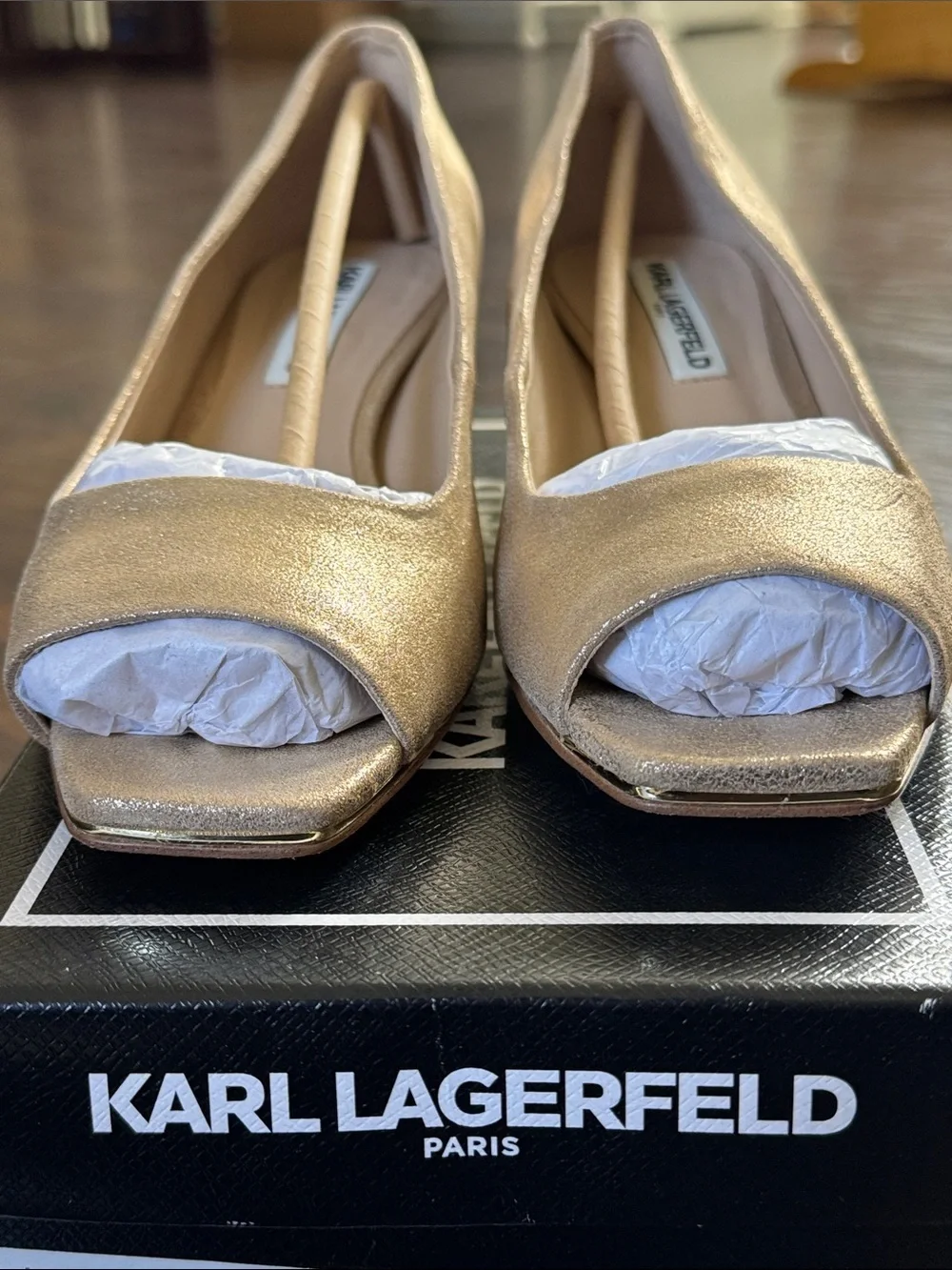 Karl Lagerfeld Metallic Suede Gold Square-Toe Block Heel